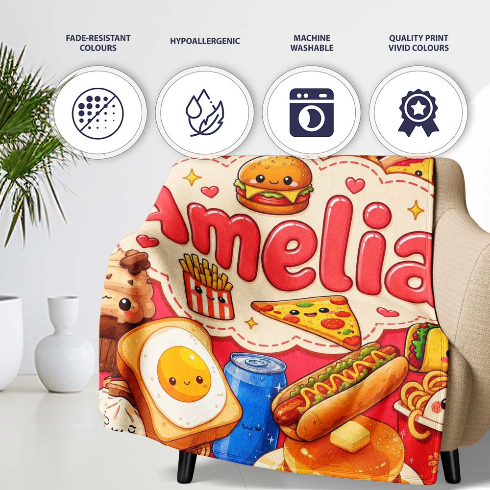Cute Kawaii Fast Food Junk Snacks Collage Seamless Pattern Red  Personalised Custom Name Super Soft Fleece Blanket Bed Sofa Throw
