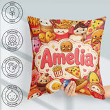 Custom Name Kawaii Fast Food Snacks Collage Seamless Pattern Red Square Filled Cushion Throw Pillow Sofa Bed Home Decor Zip Washable UK Made