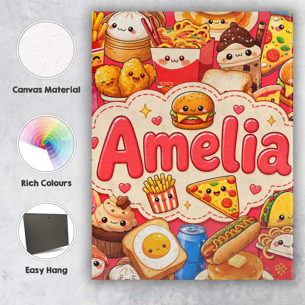 Personalised Name Cute Kawaii Fast Food Custom  Modern Room Accent Elegant Feature Canvas Wall Art Print Decor Picture Ready to Hang