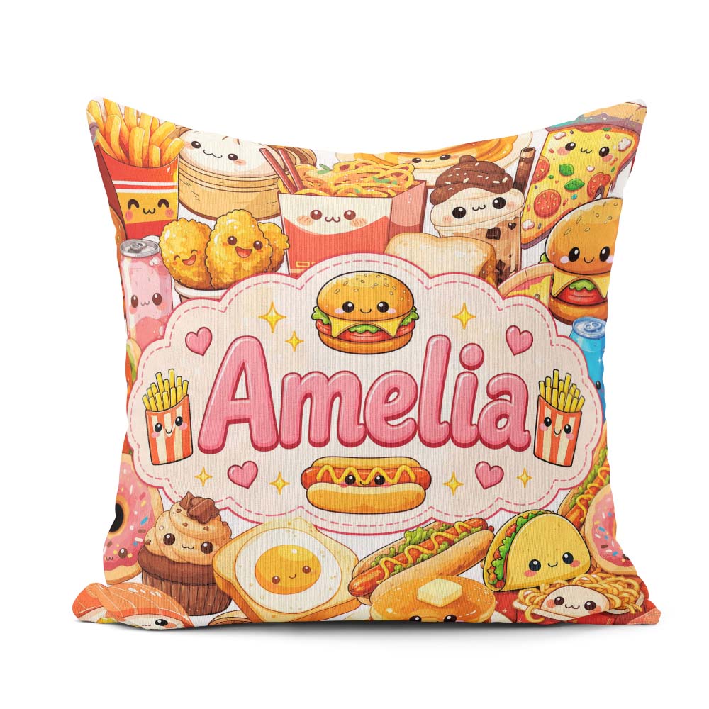 Custom Name Kawaii Fast Food Junk Snack Collage Seamless Pattern Square Filled Cushion Throw Pillow Sofa Bed Home Decor Zip Washable UK Made