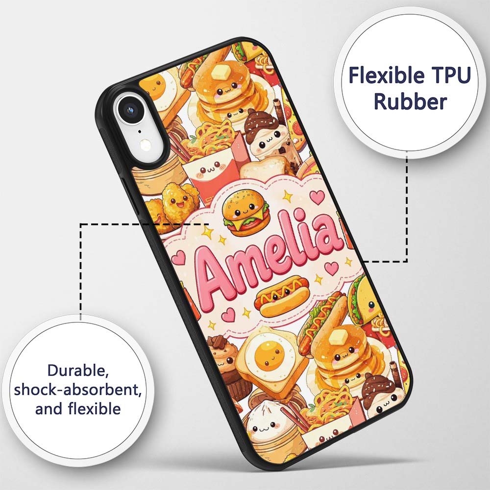 Cute Kawaii Fast Food Junk Snack Collage Seamless Custom Name Protective Phone Case Mobile Cover Durable Everyday Smartphone Shock Resistant