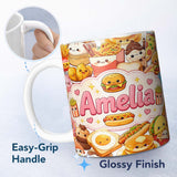 Personalized Custom Name Cute Kawaii Fast Food Junk Snack Collage Seamless Pattern White 11oz Ceramic Coffee Tea Mug White Large Handle