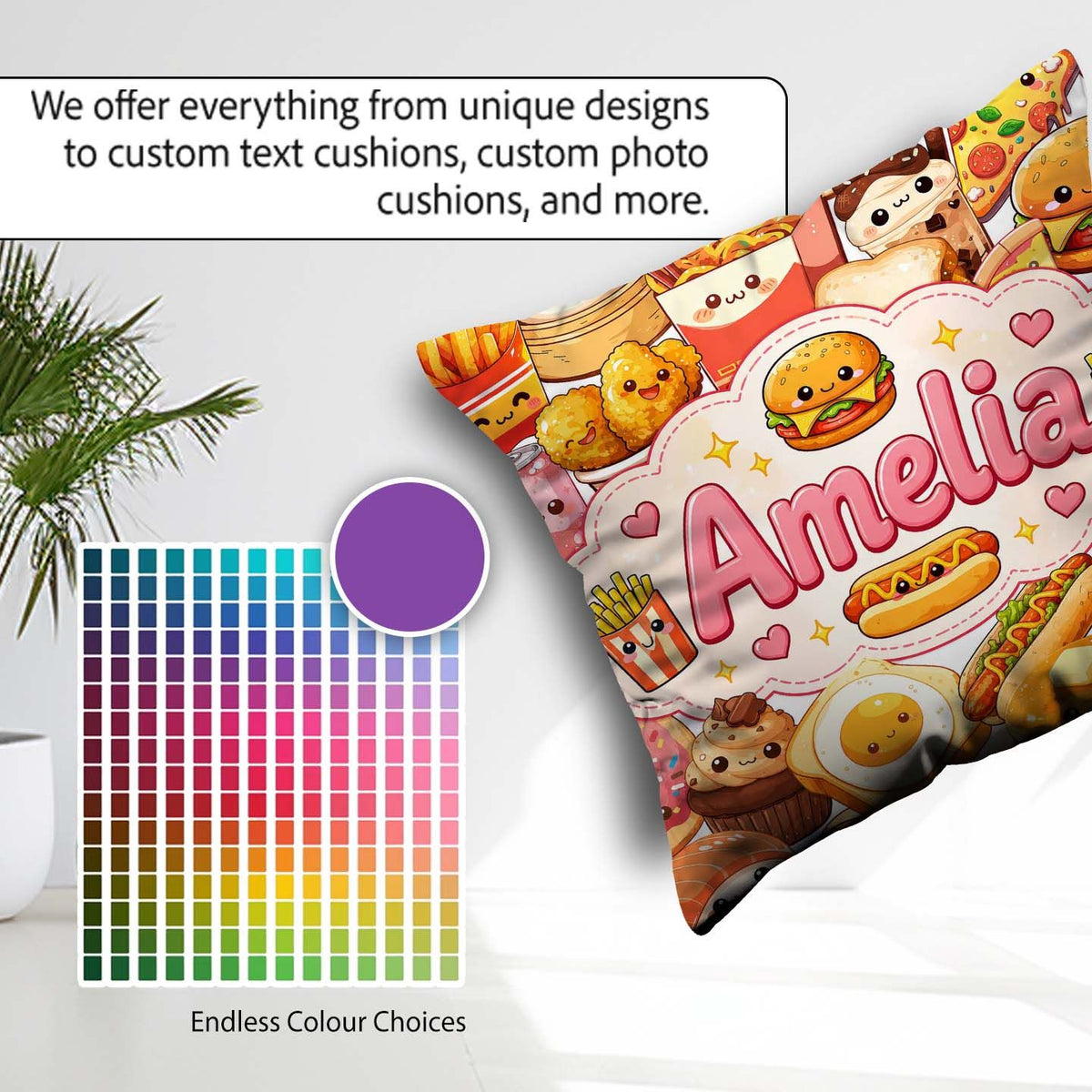 Custom Name Kawaii Fast Food Junk Snack Collage Seamless Pattern Square Filled Cushion Throw Pillow Sofa Bed Home Decor Zip Washable UK Made
