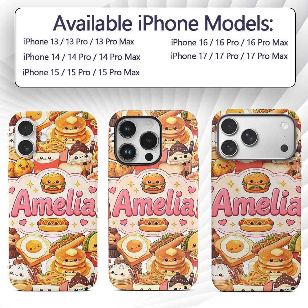 Cute Kawaii Fast Food Junk Snack Collage Seamless Custom Name Protective Phone Case Mobile Cover Durable Everyday Smartphone Shock Resistant