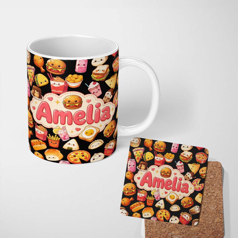 Personalized Custom Name Cute Kawaii Fast Food Sushi Dessert Snacks Seamless Pattern Black 11oz Ceramic Coffee Tea Mug White Large Handle