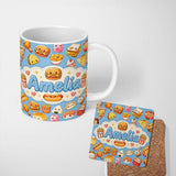 Personalized Custom Name Cute Kawaii Fast Food Sushi Dessert Snacks Seamless Pattern Blue 11oz Ceramic Coffee Tea Mug White Large Handle