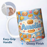 Personalized Custom Name Cute Kawaii Fast Food Sushi Dessert Snacks Seamless Pattern Blue 11oz Ceramic Coffee Tea Mug White Large Handle