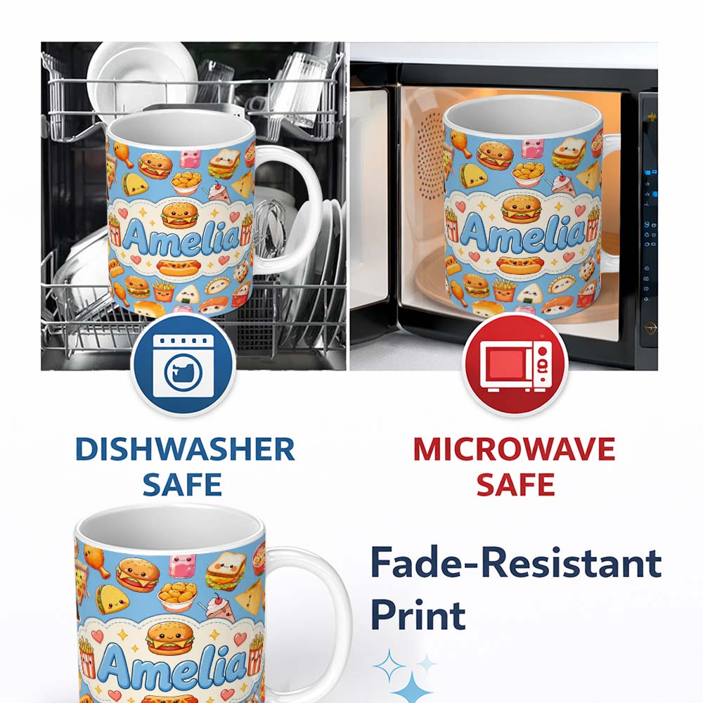 Personalized Custom Name Cute Kawaii Fast Food Sushi Dessert Snacks Seamless Pattern Blue 11oz Ceramic Coffee Tea Mug White Large Handle