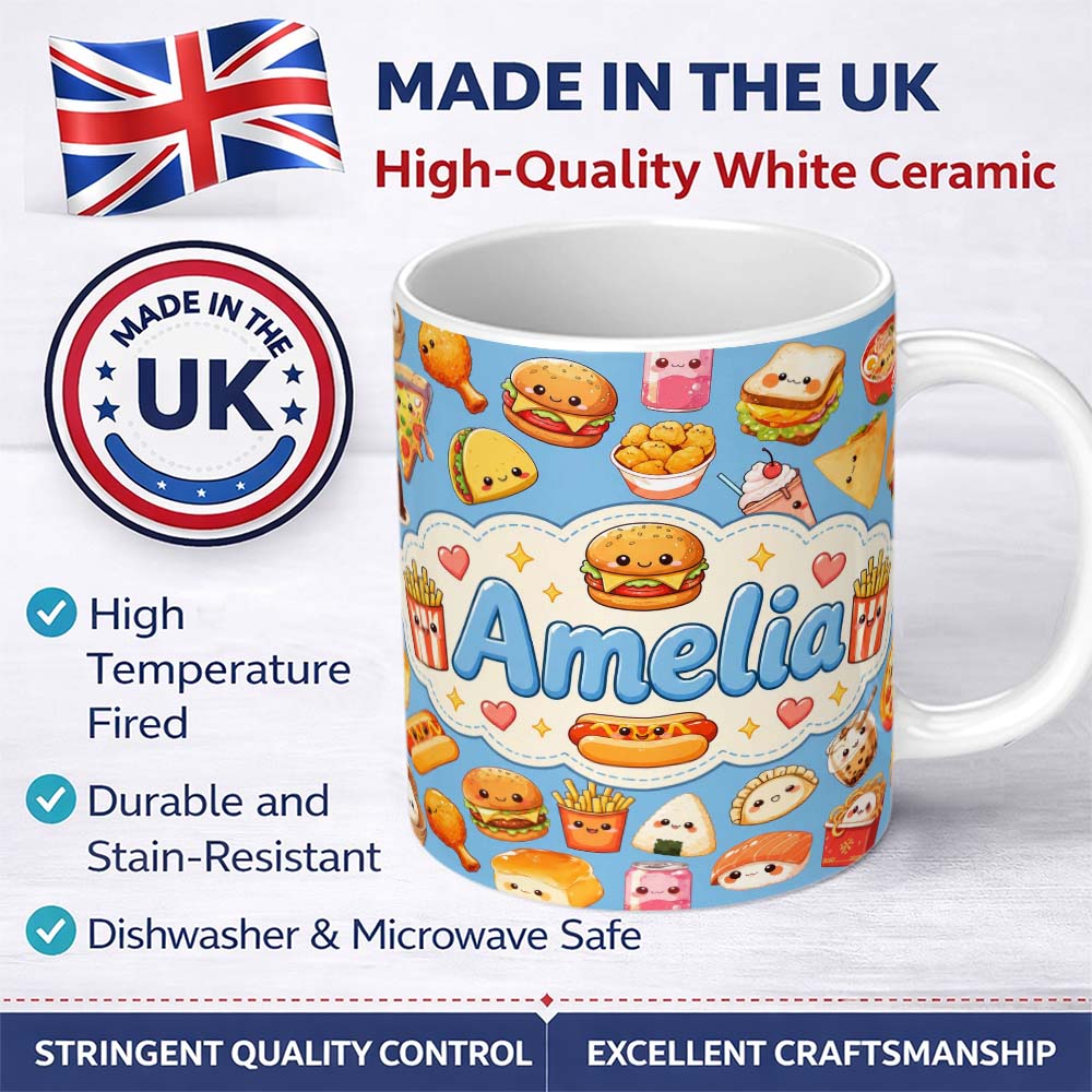 Personalized Custom Name Cute Kawaii Fast Food Sushi Dessert Snacks Seamless Pattern Blue 11oz Ceramic Coffee Tea Mug White Large Handle