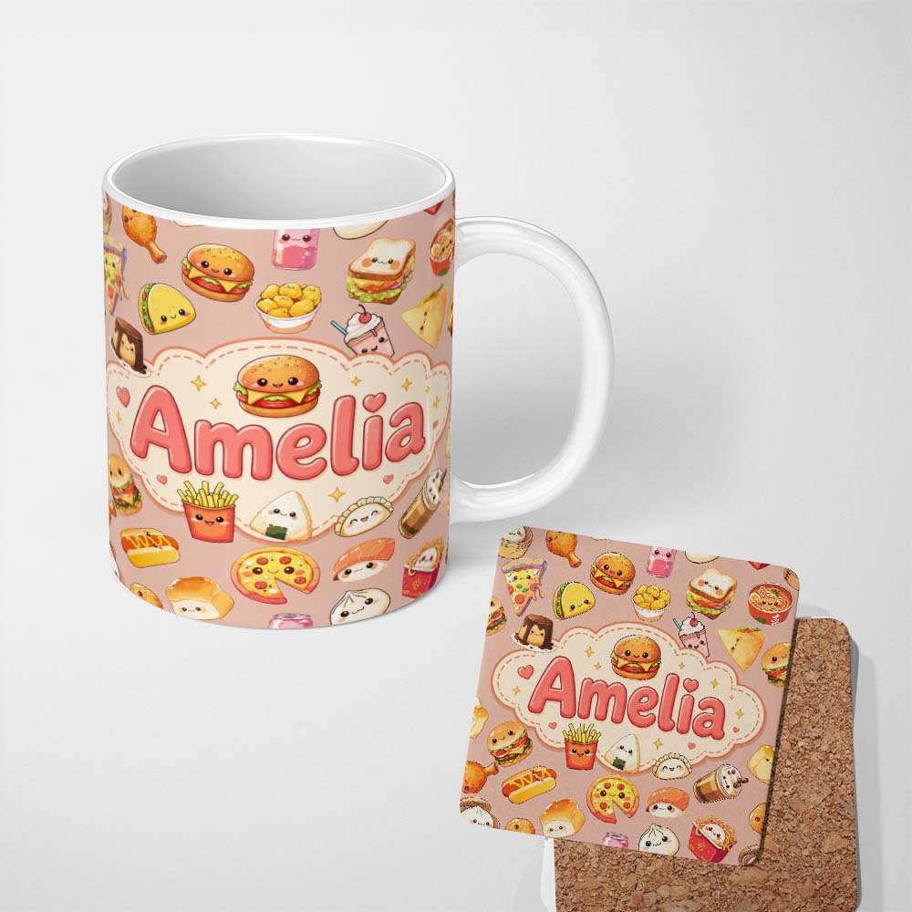 Personalized Custom Name Cute Kawaii Fast Food Sushi Dessert Snacks Seamless Pattern Peach 11oz Ceramic Coffee Tea Mug White Large Handle