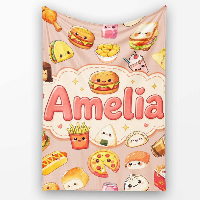 Cute Kawaii Fast Food Sushi Dessert Snacks Seamless Pattern Peach  Personalised Custom Name Super Soft Fleece Blanket Bed Sofa Throw