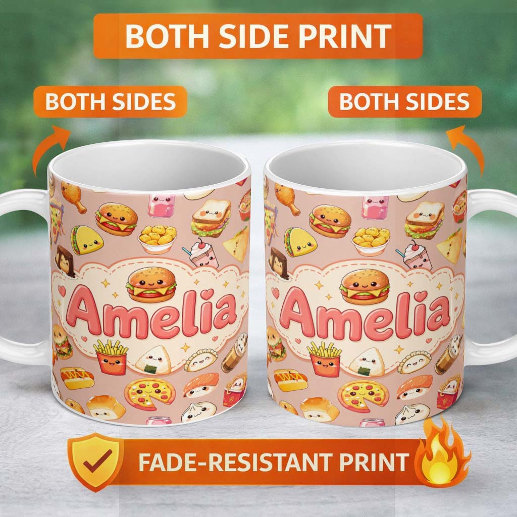 Personalized Custom Name Cute Kawaii Fast Food Sushi Dessert Snacks Seamless Pattern Peach 11oz Ceramic Coffee Tea Mug White Large Handle