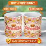 Personalized Custom Name Cute Kawaii Fast Food Sushi Dessert Snacks Seamless Pattern Peach 11oz Ceramic Coffee Tea Mug White Large Handle