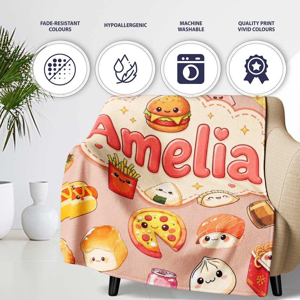 Cute Kawaii Fast Food Sushi Dessert Snacks Seamless Pattern Peach  Personalised Custom Name Super Soft Fleece Blanket Bed Sofa Throw