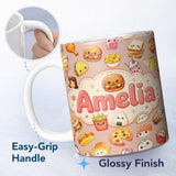 Personalized Custom Name Cute Kawaii Fast Food Sushi Dessert Snacks Seamless Pattern Peach 11oz Ceramic Coffee Tea Mug White Large Handle