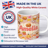 Personalized Custom Name Cute Kawaii Fast Food Sushi Dessert Snacks Seamless Pattern Peach 11oz Ceramic Coffee Tea Mug White Large Handle