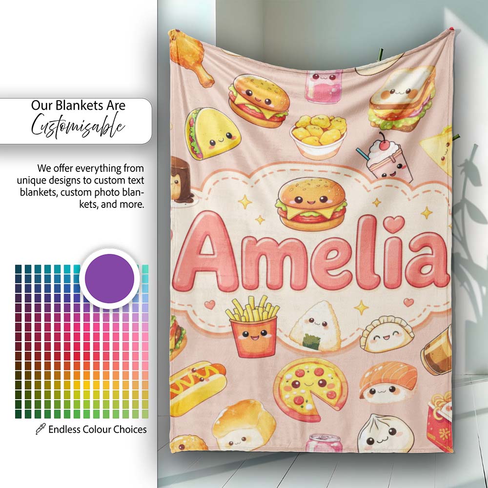 Cute Kawaii Fast Food Sushi Dessert Snacks Seamless Pattern Peach  Personalised Custom Name Super Soft Fleece Blanket Bed Sofa Throw