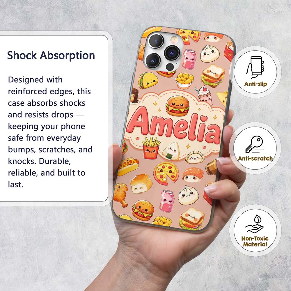 Cute Kawaii Fast Food Sushi Decorative Design Custom Name Protective Phone Case Mobile Cover Durable Everyday Smartphone Shock Resistant