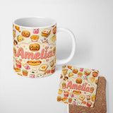 Personalized Custom Name Cute Kawaii Fast Food Sushi Dessert Snacks Seamless Pattern Cream 11oz Ceramic Coffee Tea Mug White Large Handle