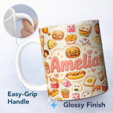 Personalized Custom Name Cute Kawaii Fast Food Sushi Dessert Snacks Seamless Pattern Cream 11oz Ceramic Coffee Tea Mug White Large Handle