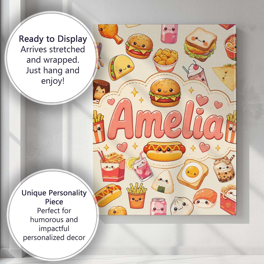 Personalised Name Cute Kawaii Fast Food Custom  Modern Room Accent Elegant Feature Canvas Wall Art Print Decor Picture Ready to Hang