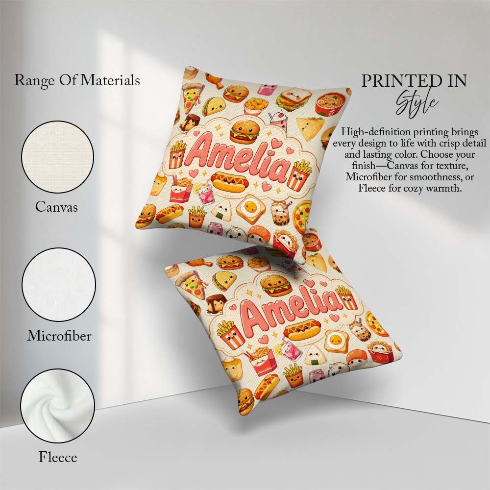 Custom Name Kawaii Fast Food Sushi Dessert Snacks Seamless Cream Square Filled Cushion Throw Pillow Sofa Bed Home Decor Zip Washable UK Made