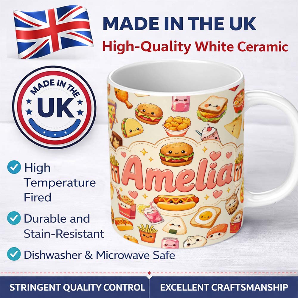 Personalized Custom Name Cute Kawaii Fast Food Sushi Dessert Snacks Seamless Pattern Cream 11oz Ceramic Coffee Tea Mug White Large Handle