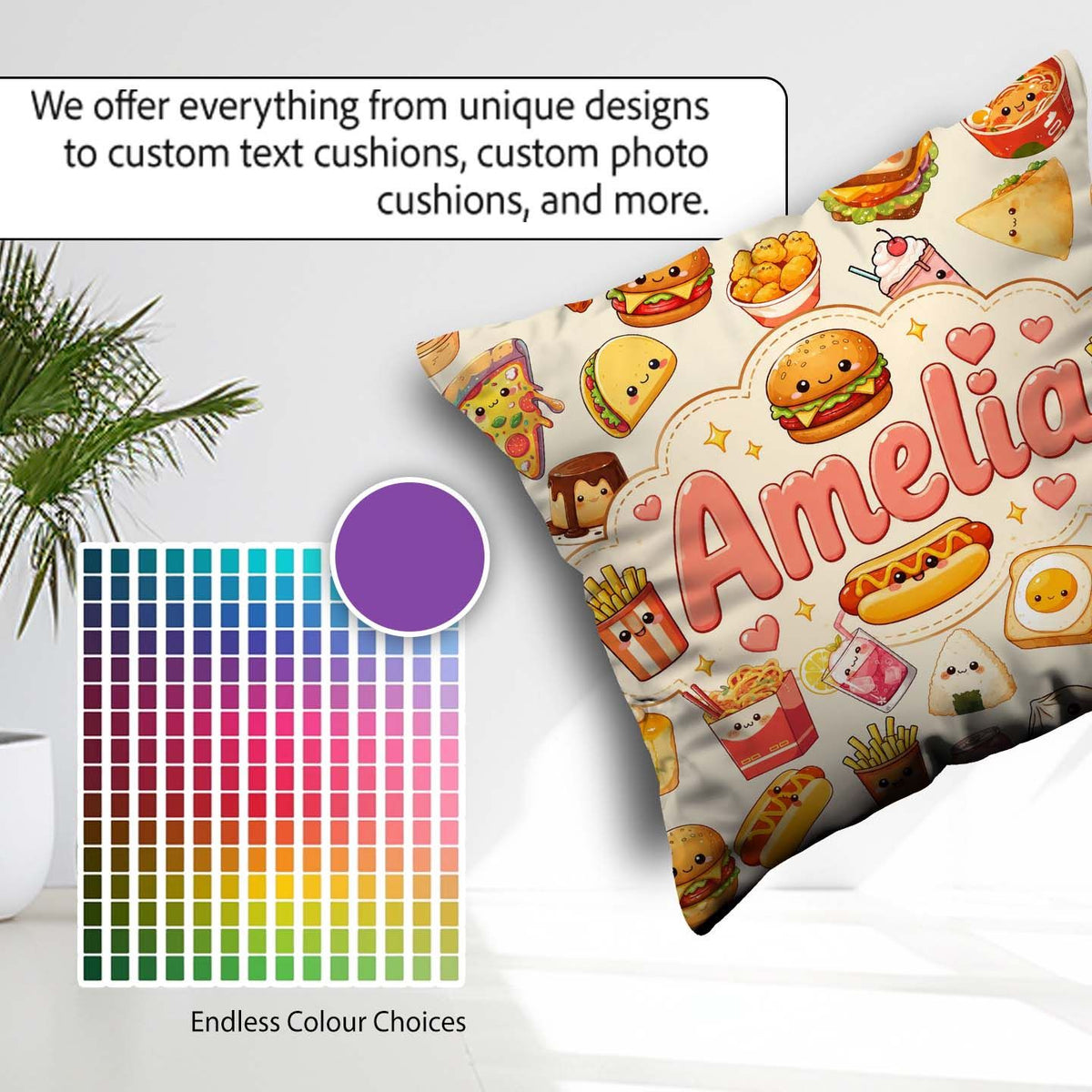 Custom Name Kawaii Fast Food Sushi Dessert Snacks Seamless Cream Square Filled Cushion Throw Pillow Sofa Bed Home Decor Zip Washable UK Made