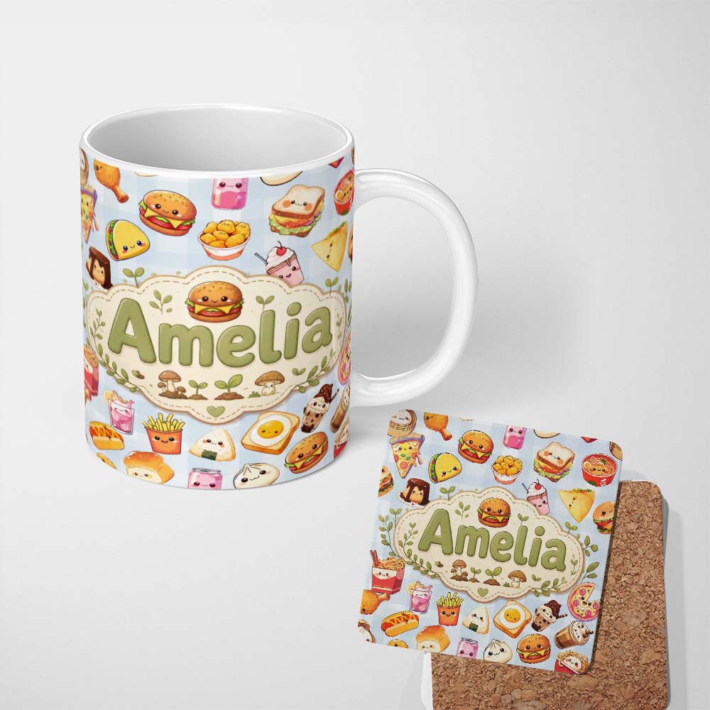 Personalized Custom Name Cute Kawaii Fast Food Snacks Gingham Picnic Background Seamless 11oz Ceramic Coffee Tea Mug White Large Handle