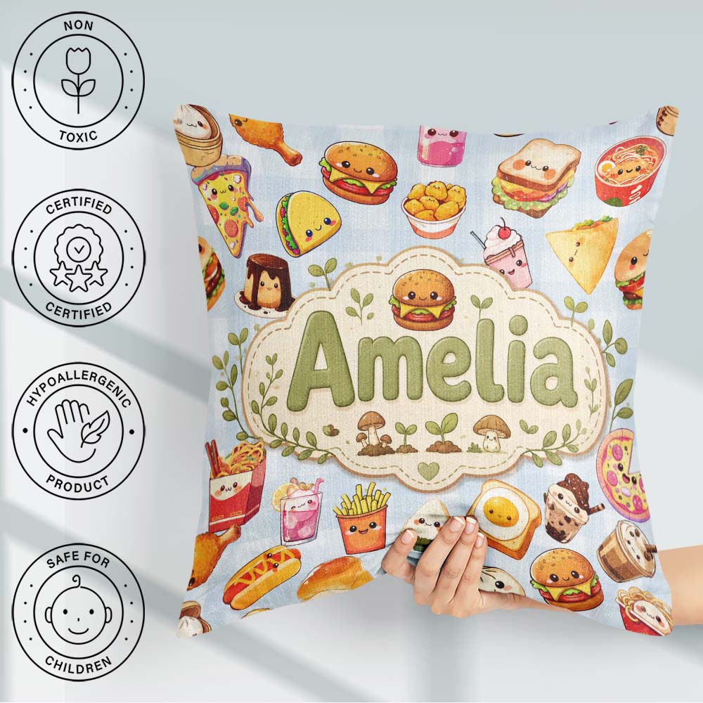Custom Name Cute Kawaii Fast Food Snacks Gingham Picnic Seamless Square Filled Cushion Throw Pillow Sofa Bed Home Decor Zip Washable UK Made