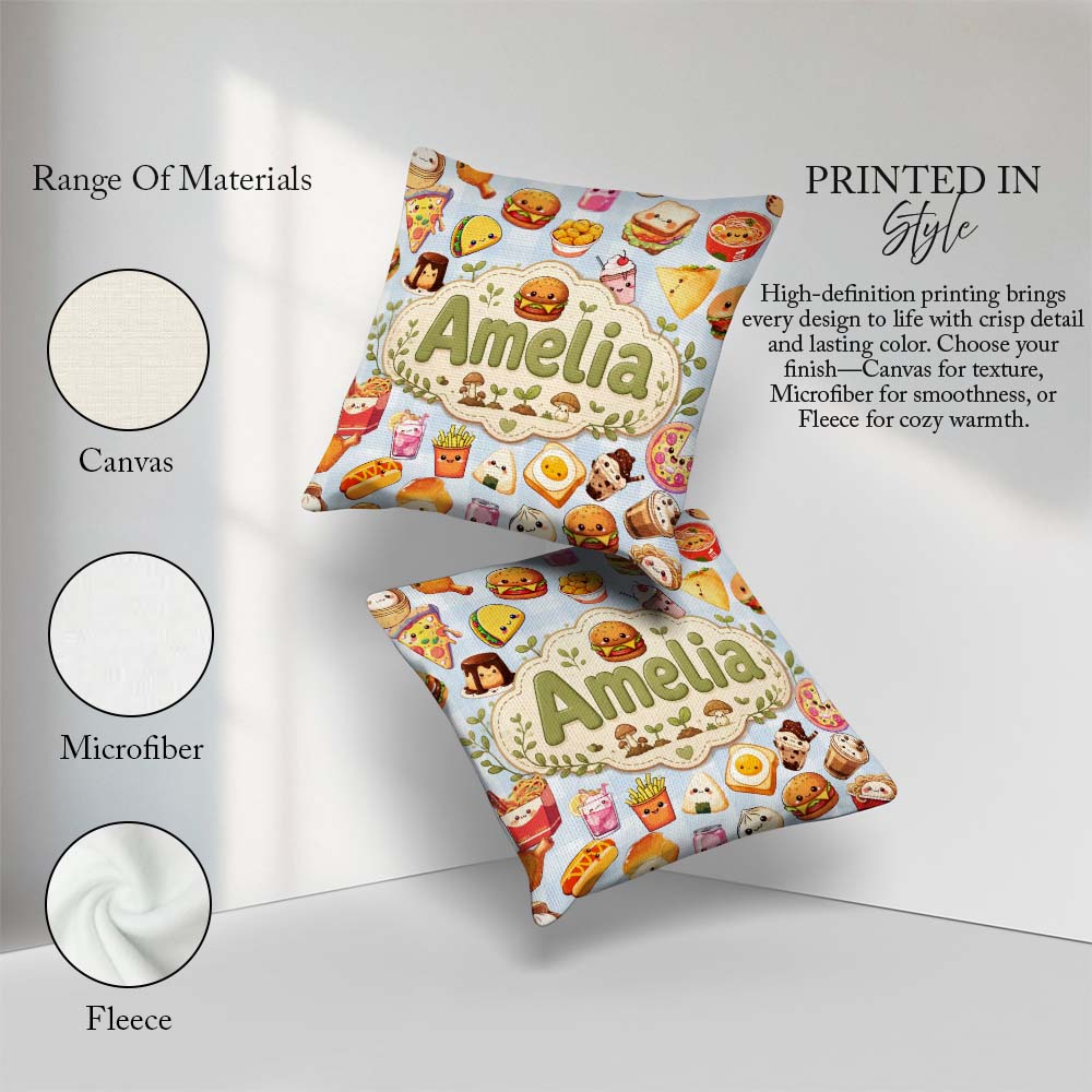 Custom Name Cute Kawaii Fast Food Snacks Gingham Picnic Seamless Square Filled Cushion Throw Pillow Sofa Bed Home Decor Zip Washable UK Made