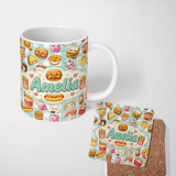 Personalized Custom Name Cute Kawaii Fast Food Snacks Gingham Picnic Mint Background 11oz Ceramic Coffee Tea Mug White Large Handle