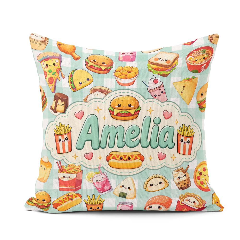 Custom Name Cute Kawaii Fast Food Snacks Gingham Mint Background Square Filled Cushion Throw Pillow Sofa Bed Home Decor Zip Washable UK Made