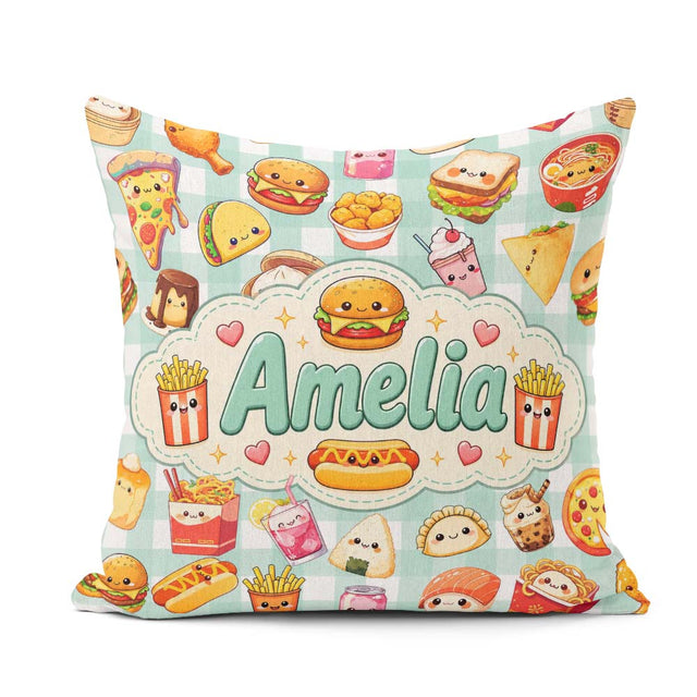 Custom Name Cute Kawaii Fast Food Snacks Gingham Mint Background Square Filled Cushion Throw Pillow Sofa Bed Home Decor Zip Washable UK Made