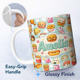 Personalized Custom Name Cute Kawaii Fast Food Snacks Gingham Picnic Mint Background 11oz Ceramic Coffee Tea Mug White Large Handle