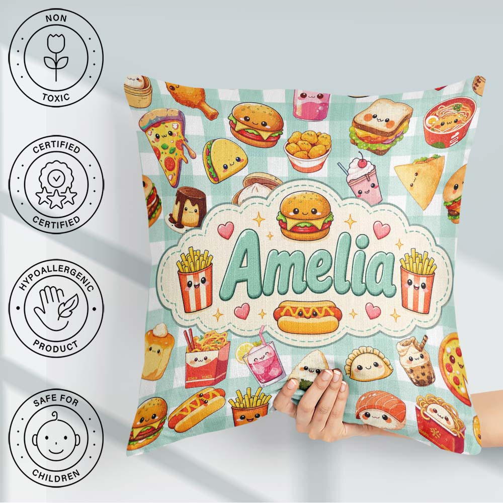 Custom Name Cute Kawaii Fast Food Snacks Gingham Mint Background Square Filled Cushion Throw Pillow Sofa Bed Home Decor Zip Washable UK Made