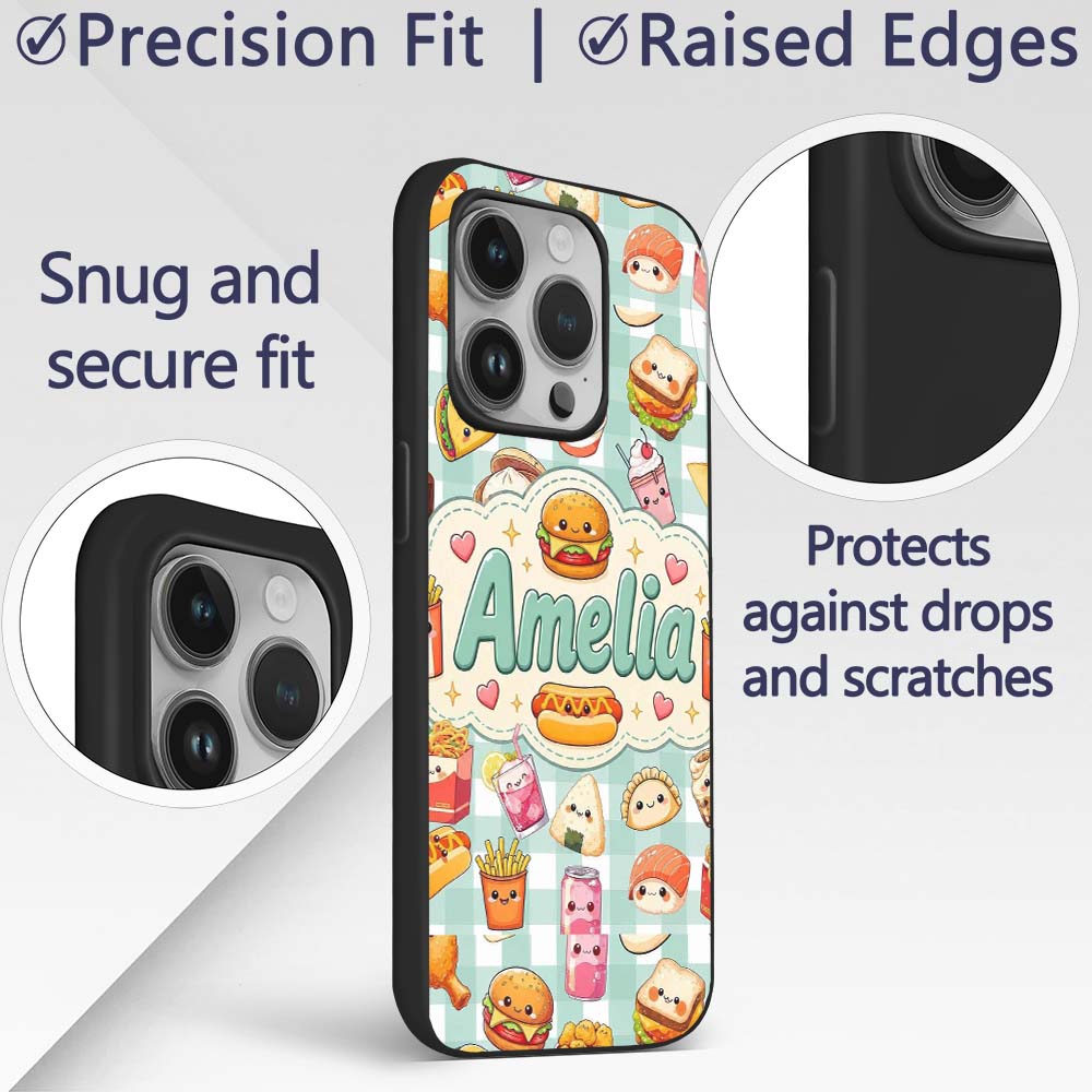 Cute Kawaii Fast Food Snacks Gingham Picnic Mint Custom Name Protective Phone Case Mobile Cover Durable Everyday Smartphone Shock Resistant