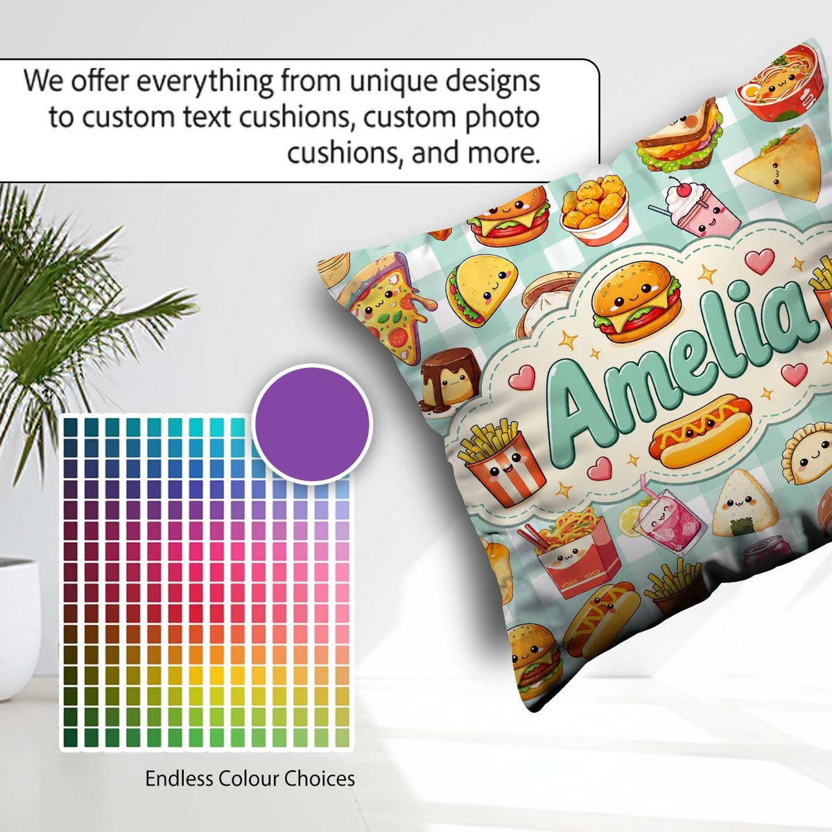 Custom Name Cute Kawaii Fast Food Snacks Gingham Mint Background Square Filled Cushion Throw Pillow Sofa Bed Home Decor Zip Washable UK Made