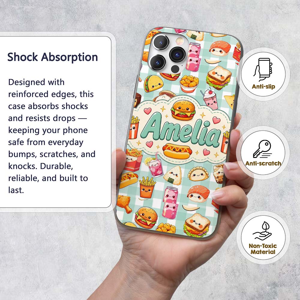 Cute Kawaii Fast Food Snacks Gingham Picnic Mint Custom Name Protective Phone Case Mobile Cover Durable Everyday Smartphone Shock Resistant