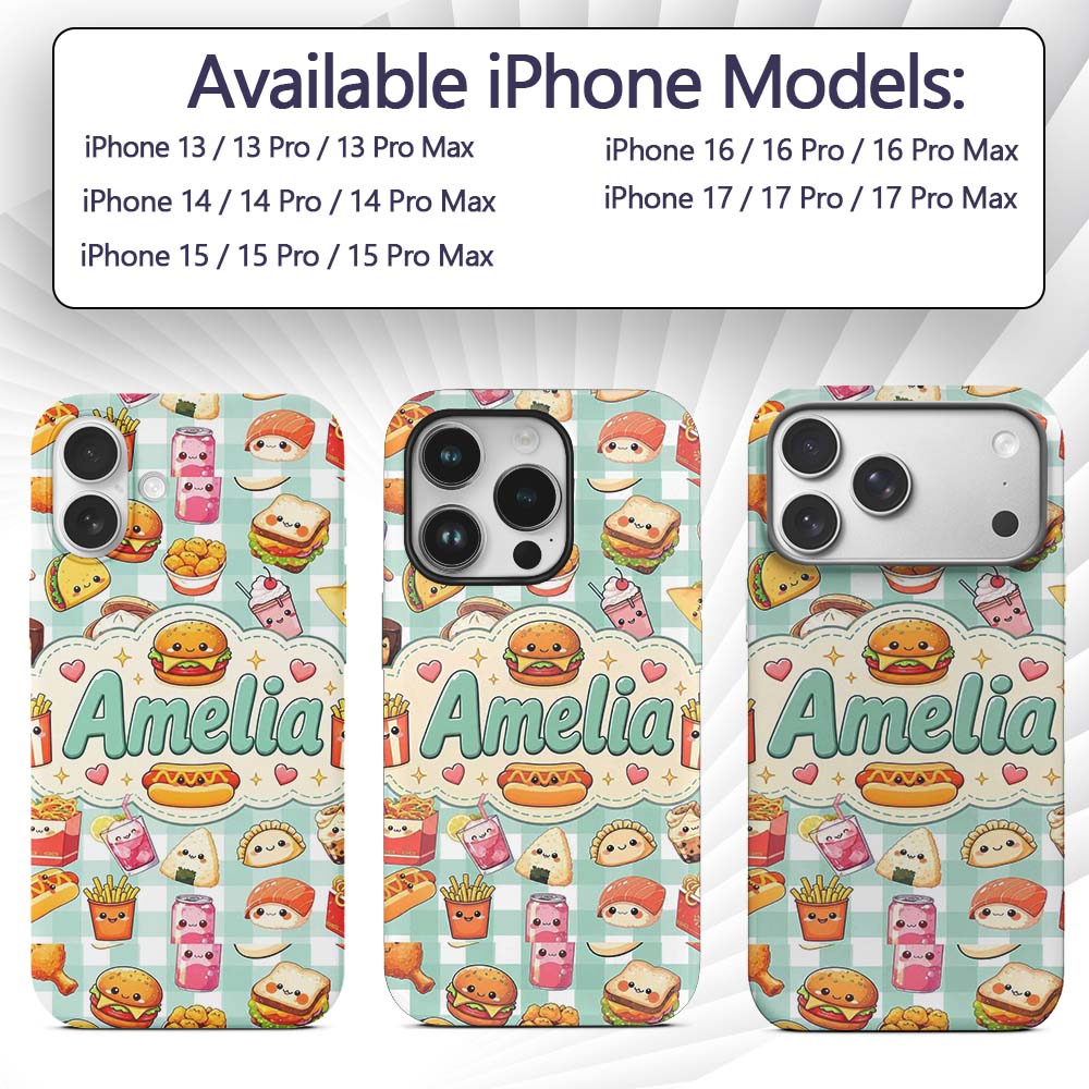Cute Kawaii Fast Food Snacks Gingham Picnic Mint Custom Name Protective Phone Case Mobile Cover Durable Everyday Smartphone Shock Resistant