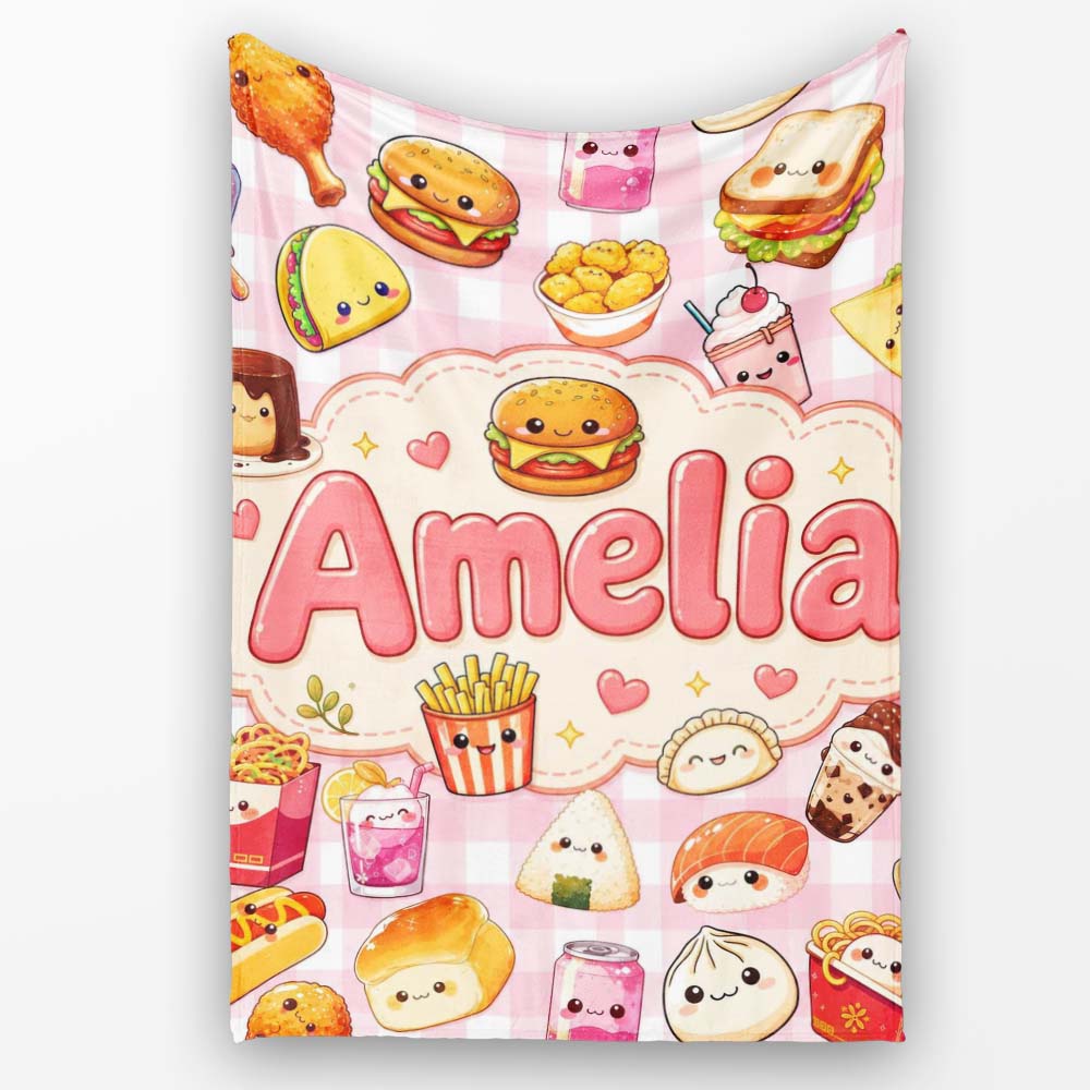 Cute Kawaii Fast Food Snacks Gingham Picnic Pink Background  Personalised Custom Name Super Soft Fleece Blanket Bed Sofa Throw