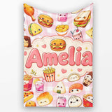 Cute Kawaii Fast Food Snacks Gingham Picnic Pink Background  Personalised Custom Name Super Soft Fleece Blanket Bed Sofa Throw
