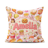 Custom Name Cute Kawaii Fast Food Snacks Gingham Pink Background Square Filled Cushion Throw Pillow Sofa Bed Home Decor Zip Washable UK Made