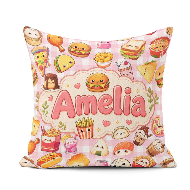 Custom Name Cute Kawaii Fast Food Snacks Gingham Pink Background Square Filled Cushion Throw Pillow Sofa Bed Home Decor Zip Washable UK Made