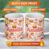 Personalized Custom Name Cute Kawaii Fast Food Snacks Gingham Picnic Pink Background 11oz Ceramic Coffee Tea Mug White Large Handle