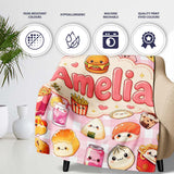 Cute Kawaii Fast Food Snacks Gingham Picnic Pink Background  Personalised Custom Name Super Soft Fleece Blanket Bed Sofa Throw