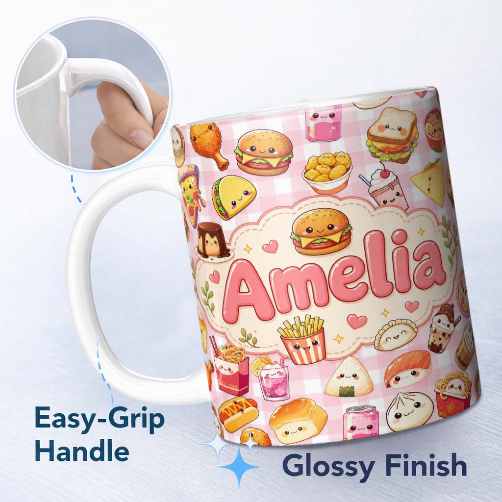 Personalized Custom Name Cute Kawaii Fast Food Snacks Gingham Picnic Pink Background 11oz Ceramic Coffee Tea Mug White Large Handle