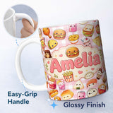 Personalized Custom Name Cute Kawaii Fast Food Snacks Gingham Picnic Pink Background 11oz Ceramic Coffee Tea Mug White Large Handle