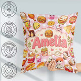 Custom Name Cute Kawaii Fast Food Snacks Gingham Pink Background Square Filled Cushion Throw Pillow Sofa Bed Home Decor Zip Washable UK Made