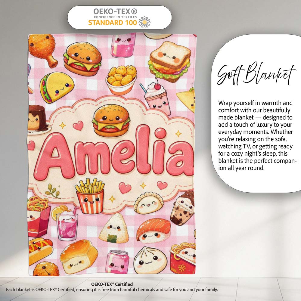 Cute Kawaii Fast Food Snacks Gingham Picnic Pink Background  Personalised Custom Name Super Soft Fleece Blanket Bed Sofa Throw
